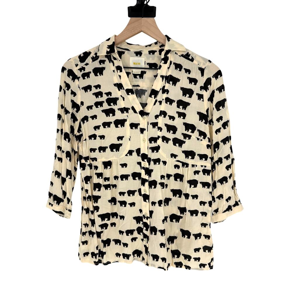 Anthropologie Maeve Woodland Walk Bear Print Blouse Shirt Size 4 Cabincore Boho